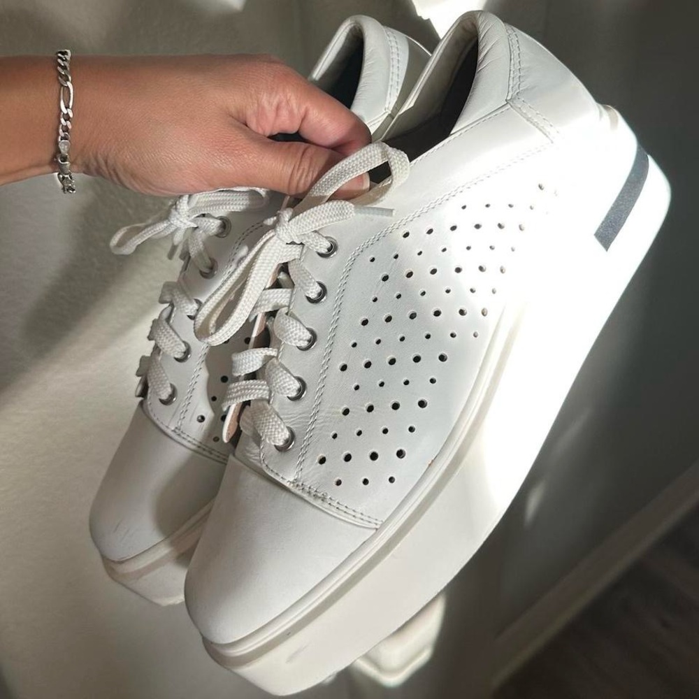 White Leather Platform Oxford Sneakers Sporty Perforated Upper Size-women's 9